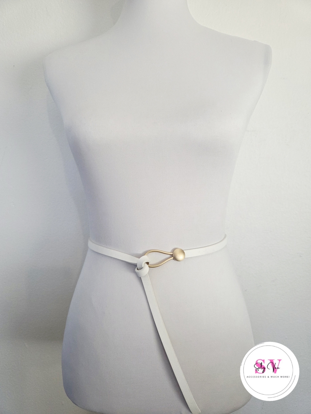 Thin White Belt With Gold Buckle